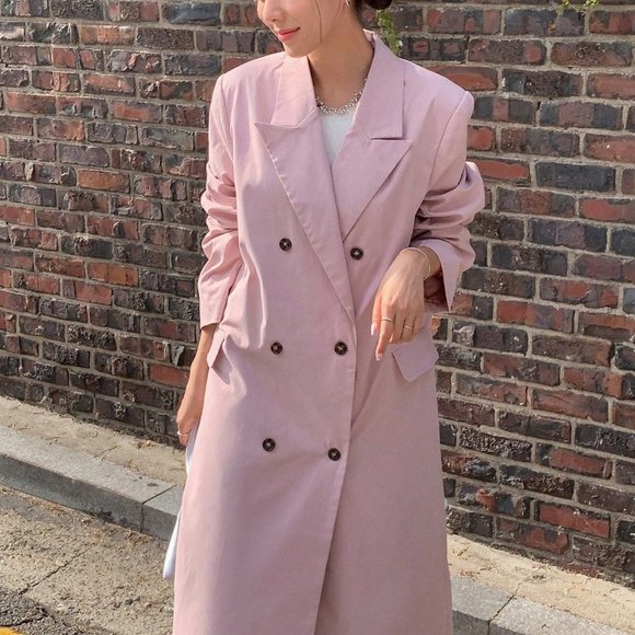 Dusty Pink PReppy Womens Double Breasted Belted Longline Coat - Picture 4 of 5